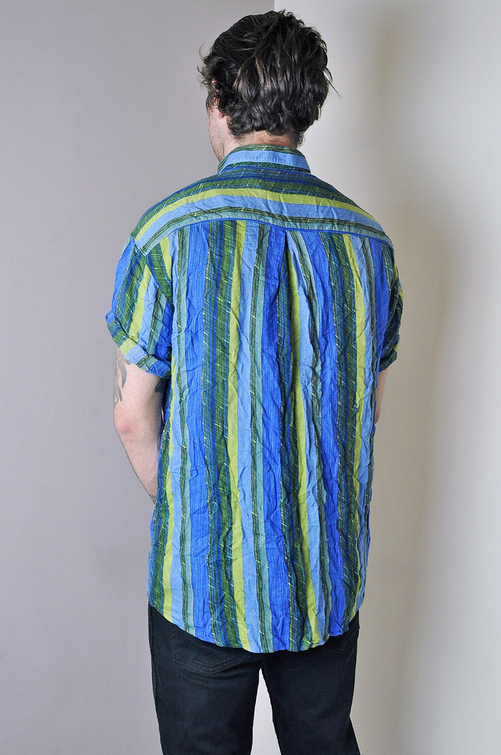 Vintage Crazy Blue/Green Striped Pattern Short Sleeve Shirt