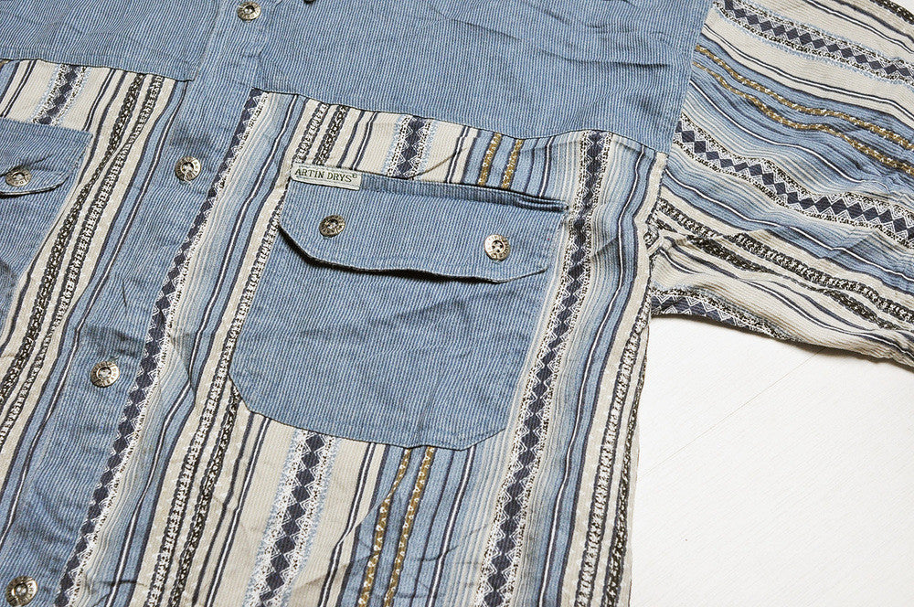 Vintage Blue Corduroy/Stripped Pattern Short Sleeve Shirt