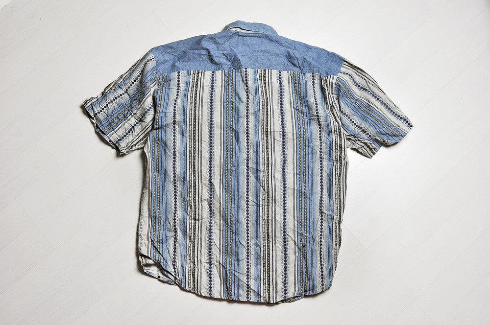 Vintage Blue Corduroy/Stripped Pattern Short Sleeve Shirt