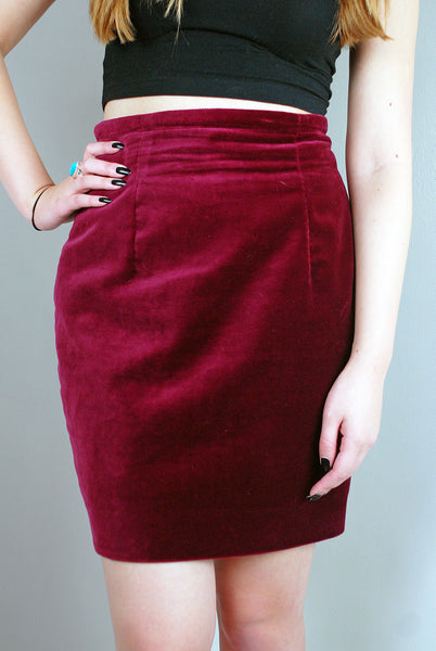 Vintage Burgundy Velvet Look High Waisted Skirt Legs