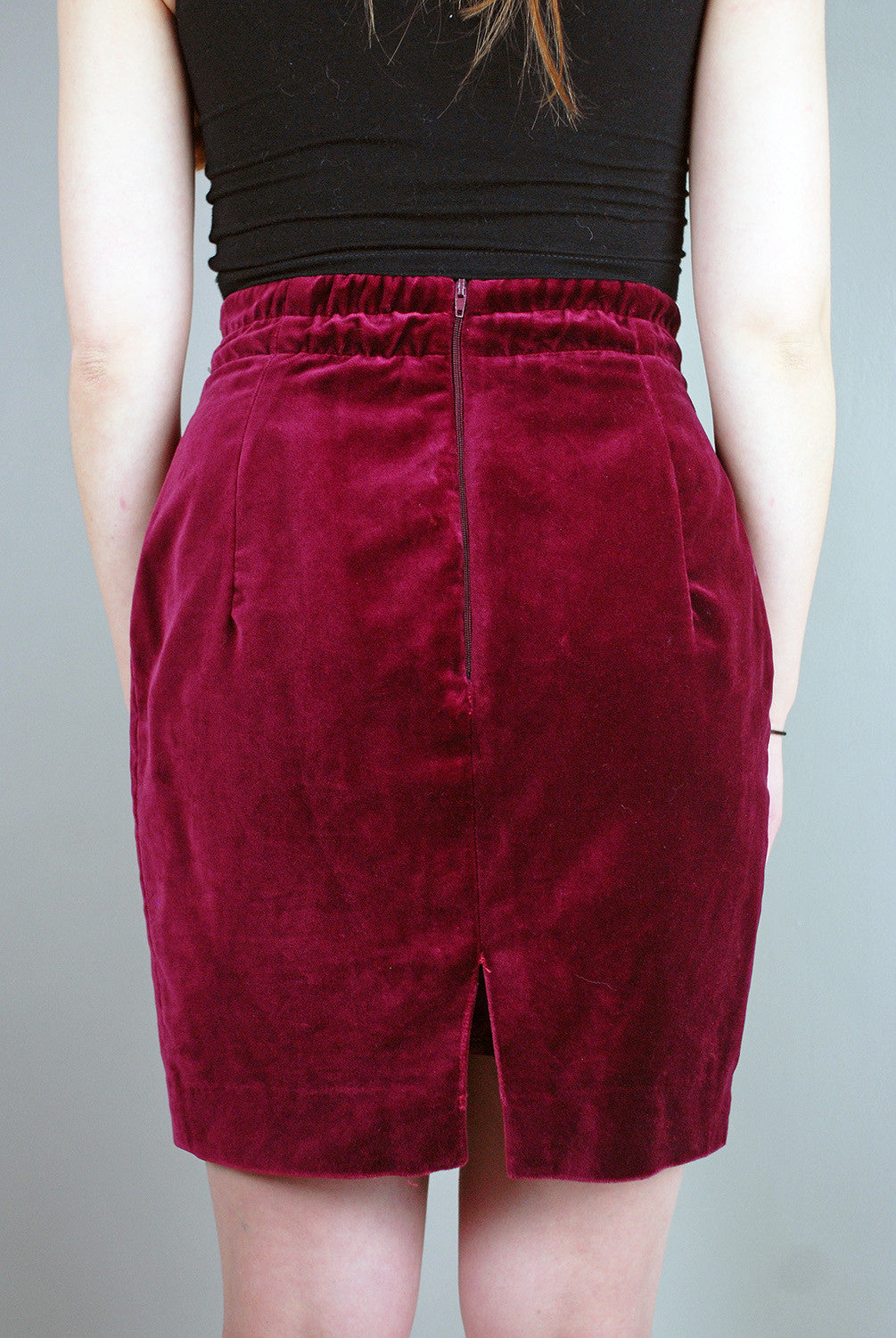 Vintage Burgundy Velvet Look High Waisted Skirt Legs