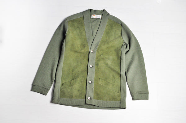 Vintage Khaki Green Suede Panel Raglan Sleeve Knit Cardigan/Sweater