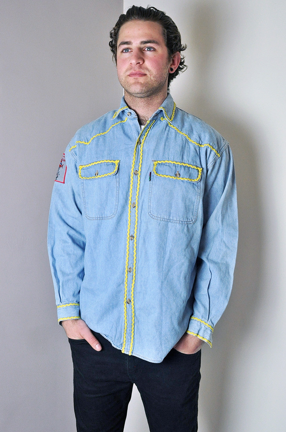 Vintage Western Style Long Sleeve Denim Shirt with Patches