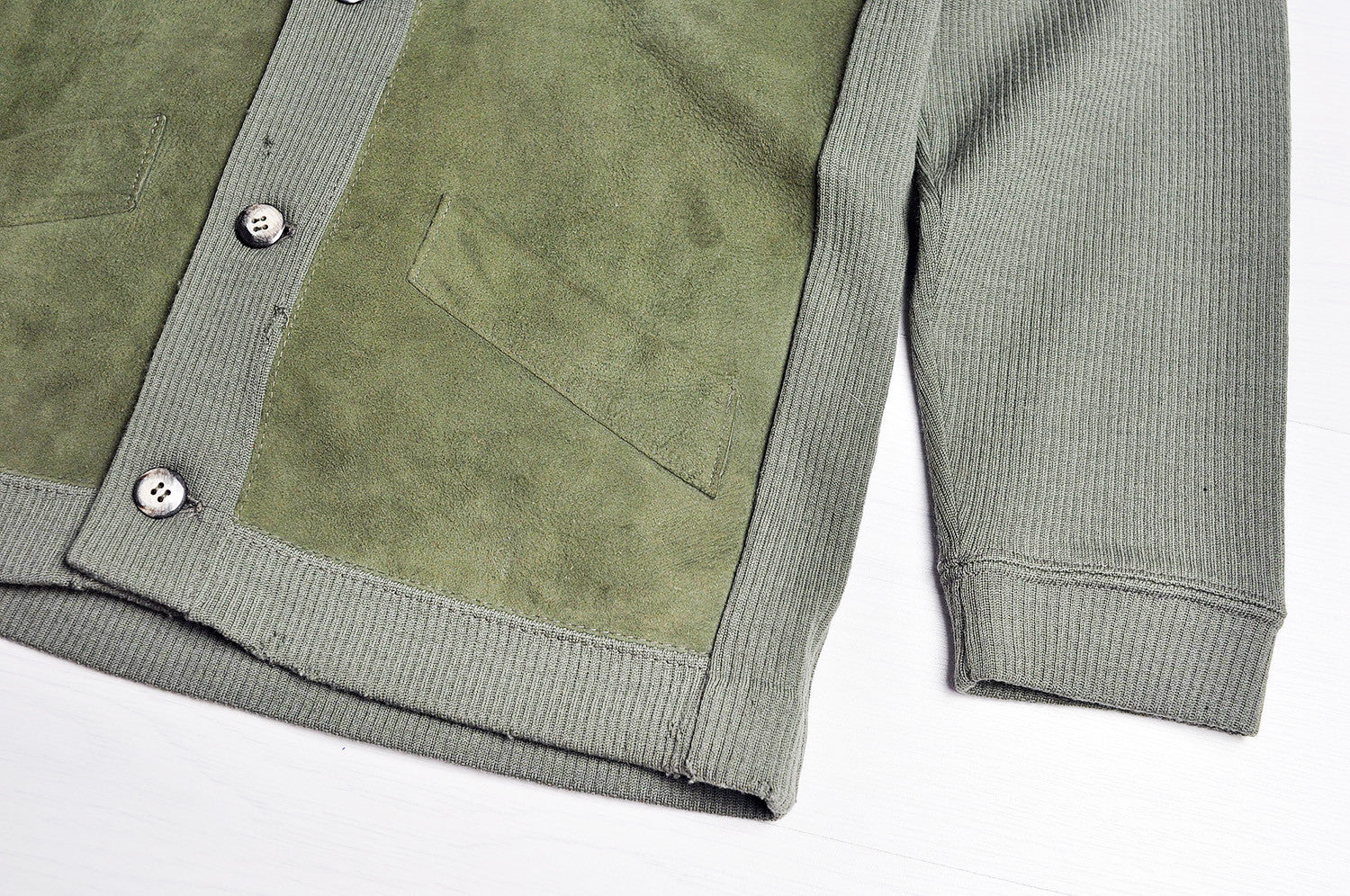 Vintage Khaki Green Suede Panel Raglan Sleeve Knit Cardigan/Sweater
