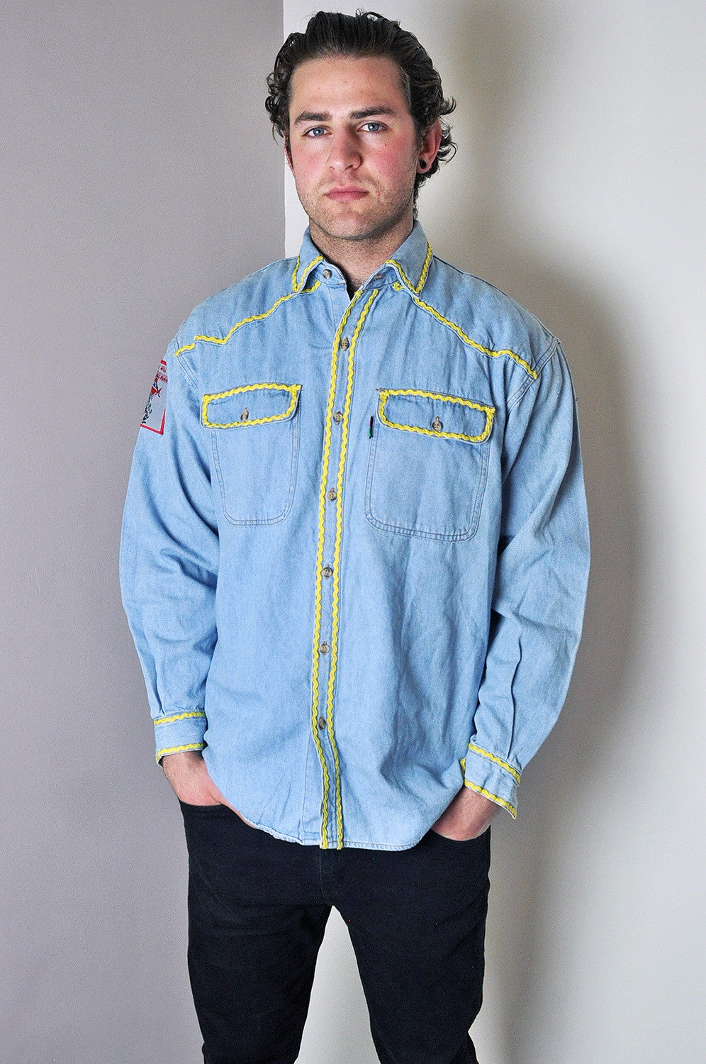 Vintage Western Style Long Sleeve Denim Shirt with Patches