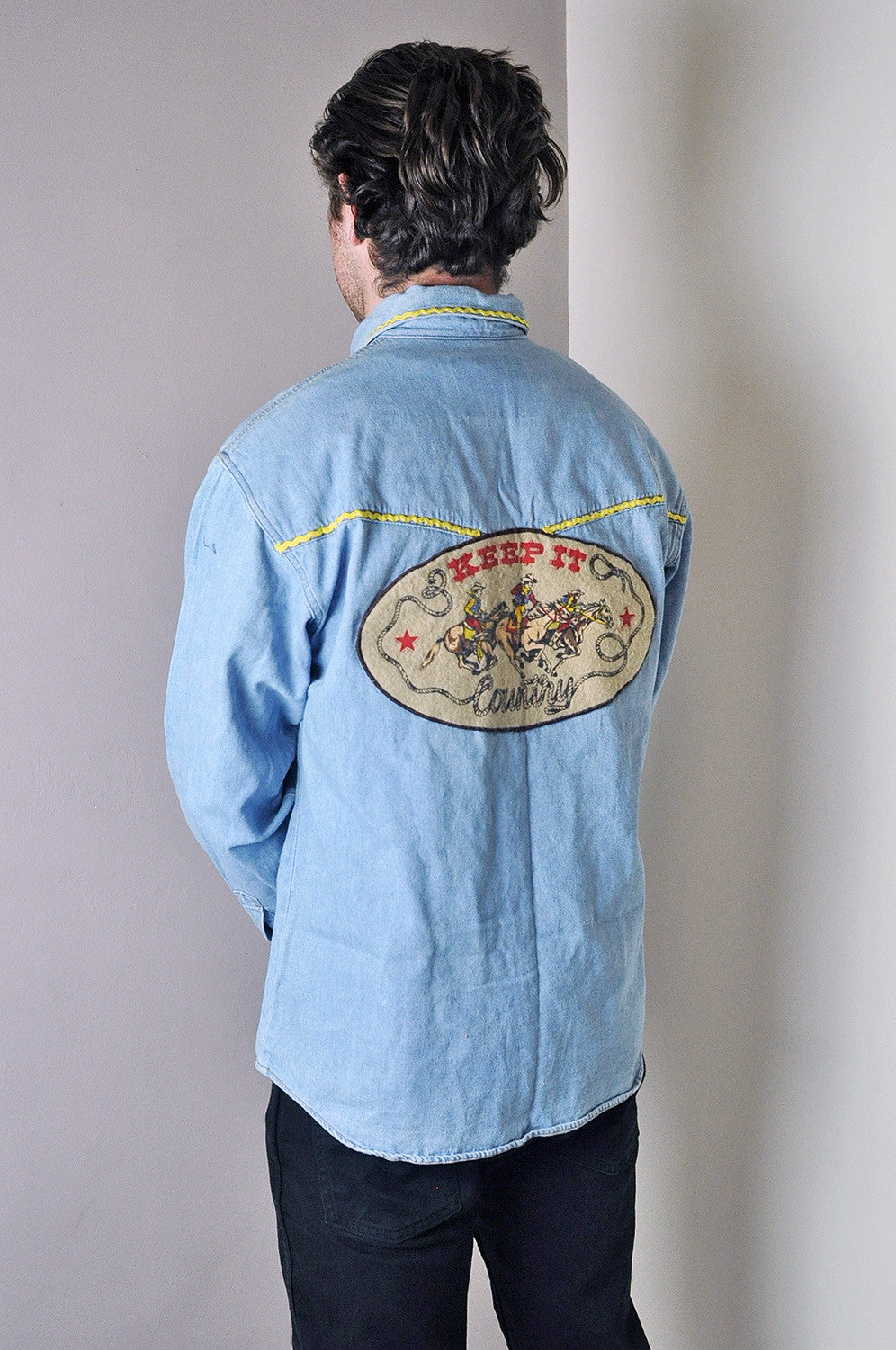 Vintage Western Style Long Sleeve Denim Shirt with Patches