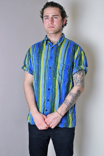 Vintage Crazy Blue/Green Striped Pattern Short Sleeve Shirt