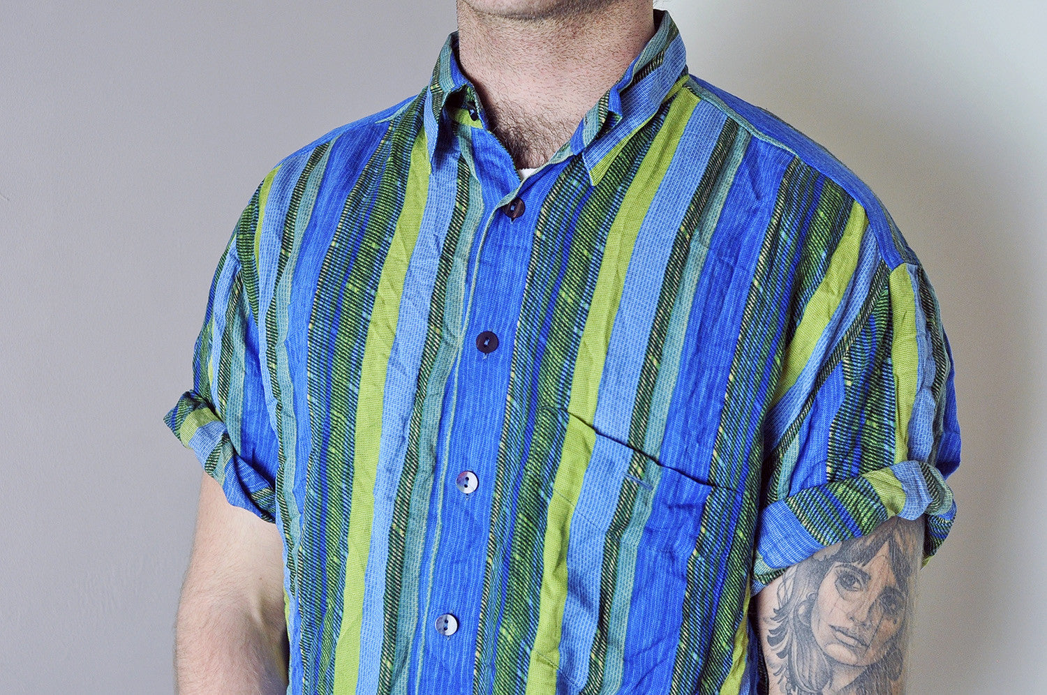 Vintage Crazy Blue/Green Striped Pattern Short Sleeve Shirt