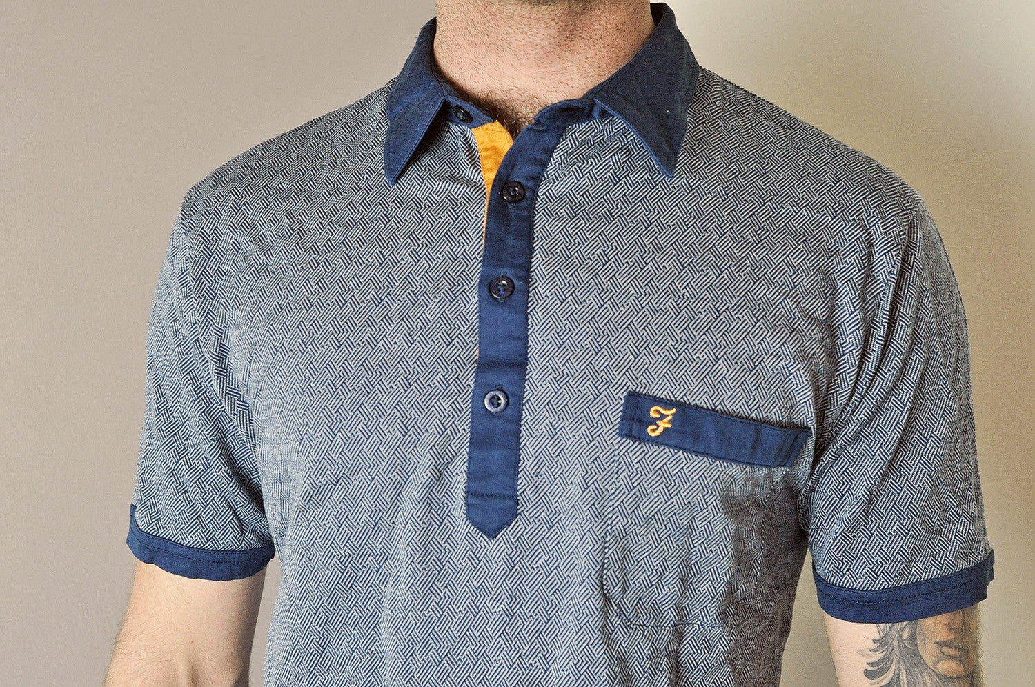 Vintage Farah Navy Weave Patterned Short Sleeve Polo Shirt