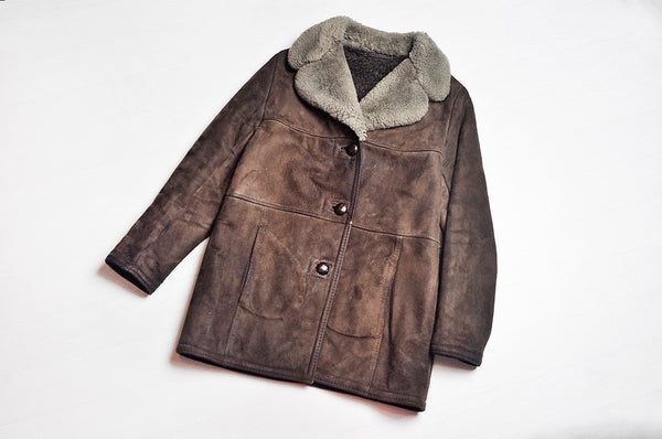 Vintage Dark Brown Shearling Suede Winter Suede Jacket