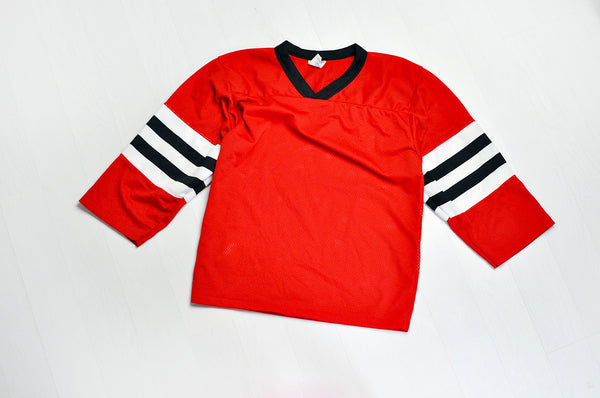 Vintage White & Black Stripped Sleeve Mesh Red Jersey Top