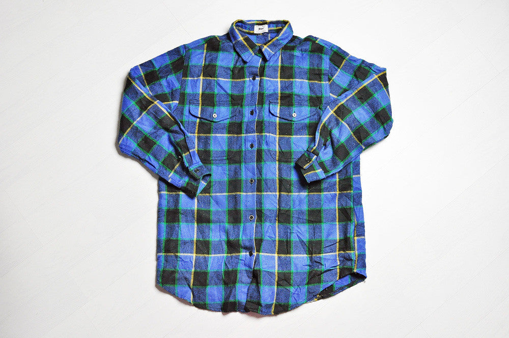 Vintage Blue/Black Checked Flannel Long Sleeve Shirt