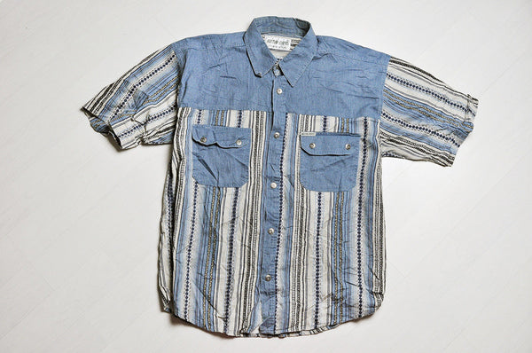 Vintage Blue Corduroy/Stripped Pattern Short Sleeve Shirt