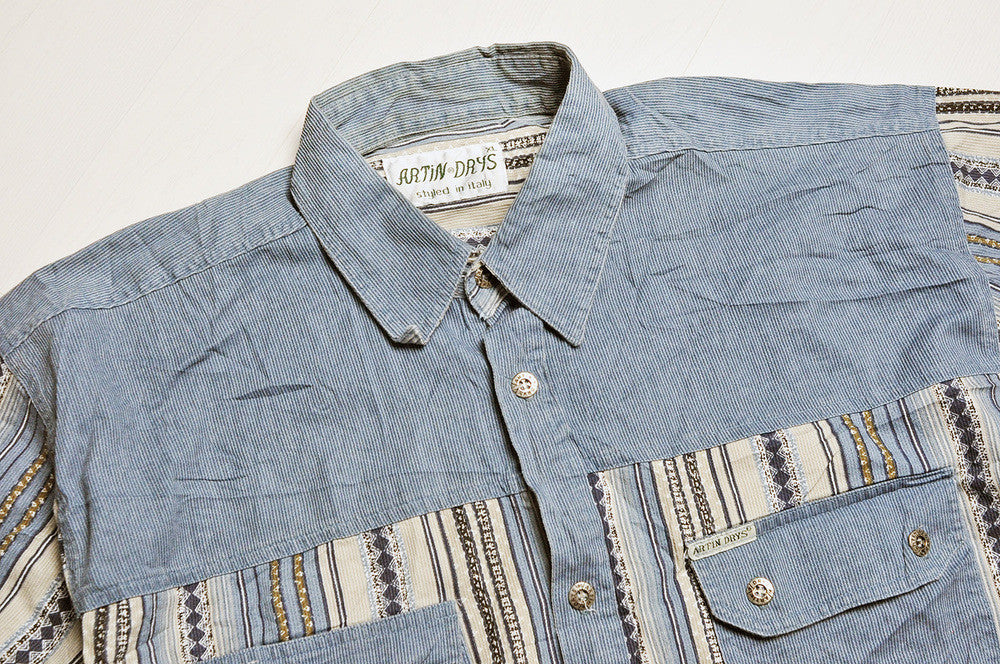 Vintage Blue Corduroy/Stripped Pattern Short Sleeve Shirt