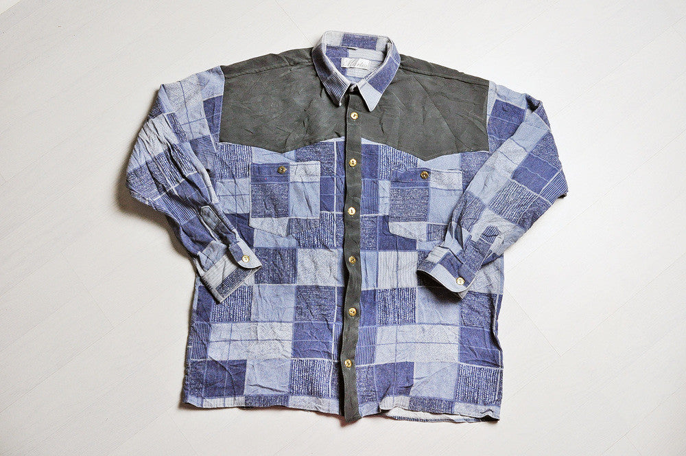 Vintage Patchwork Navy Blue Corduroy Patterned Long Sleeve Shirt