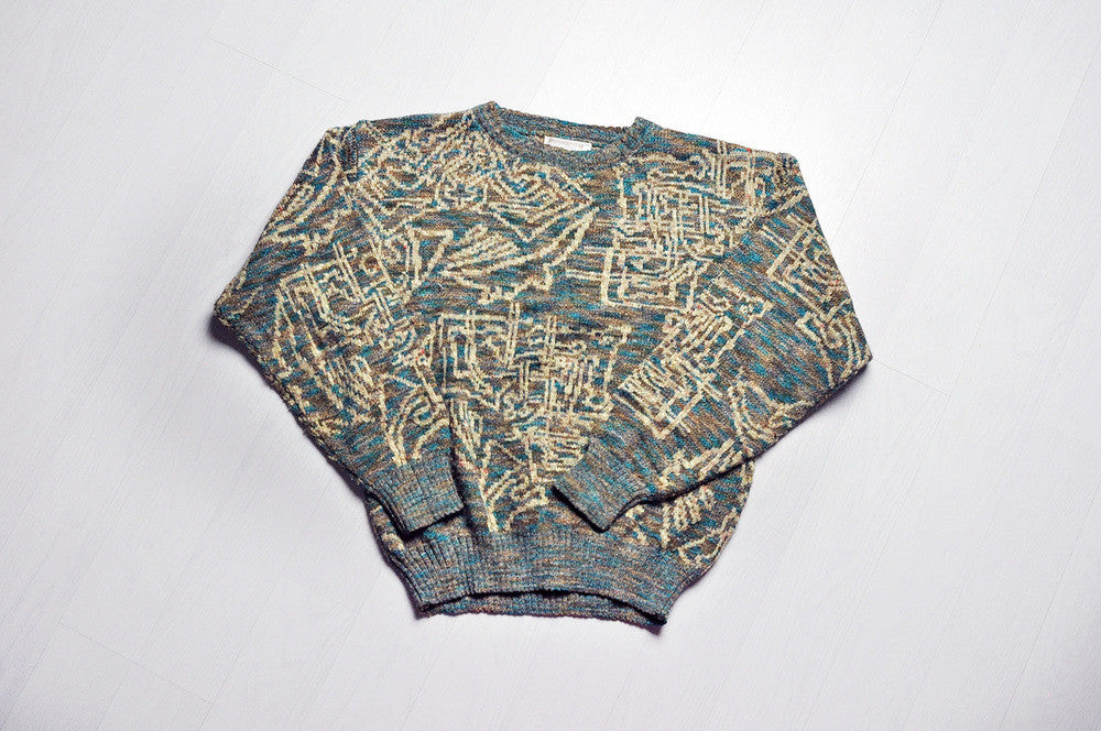 Vintage Squiggly Lined Patterned Khaki Green Knit Jumper/Sweater
