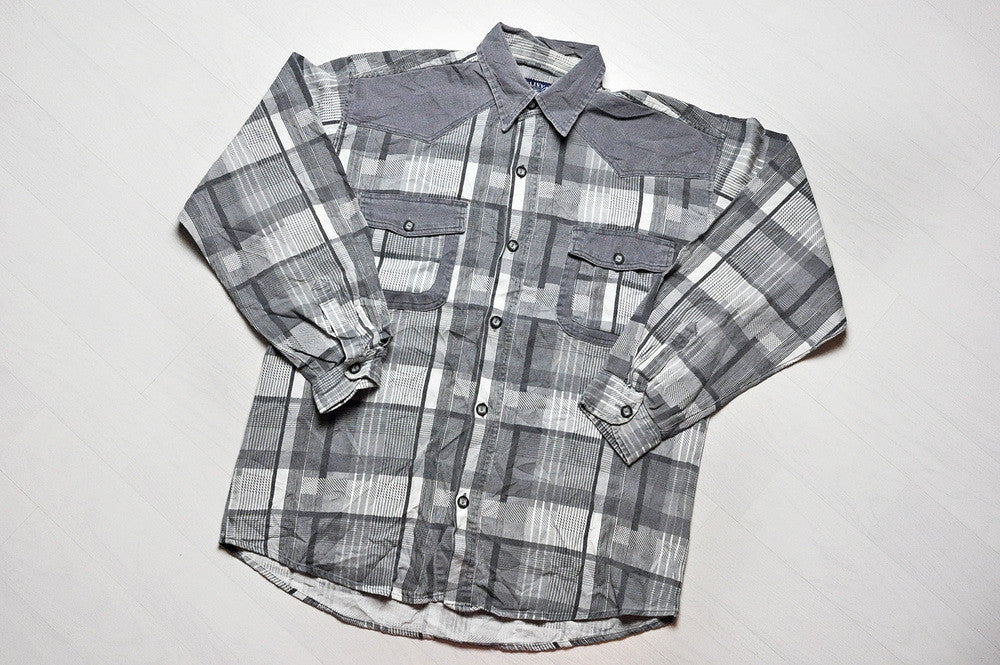 Vintage Grey Checked Flannel/Cord Patched Long Sleeve Shirt