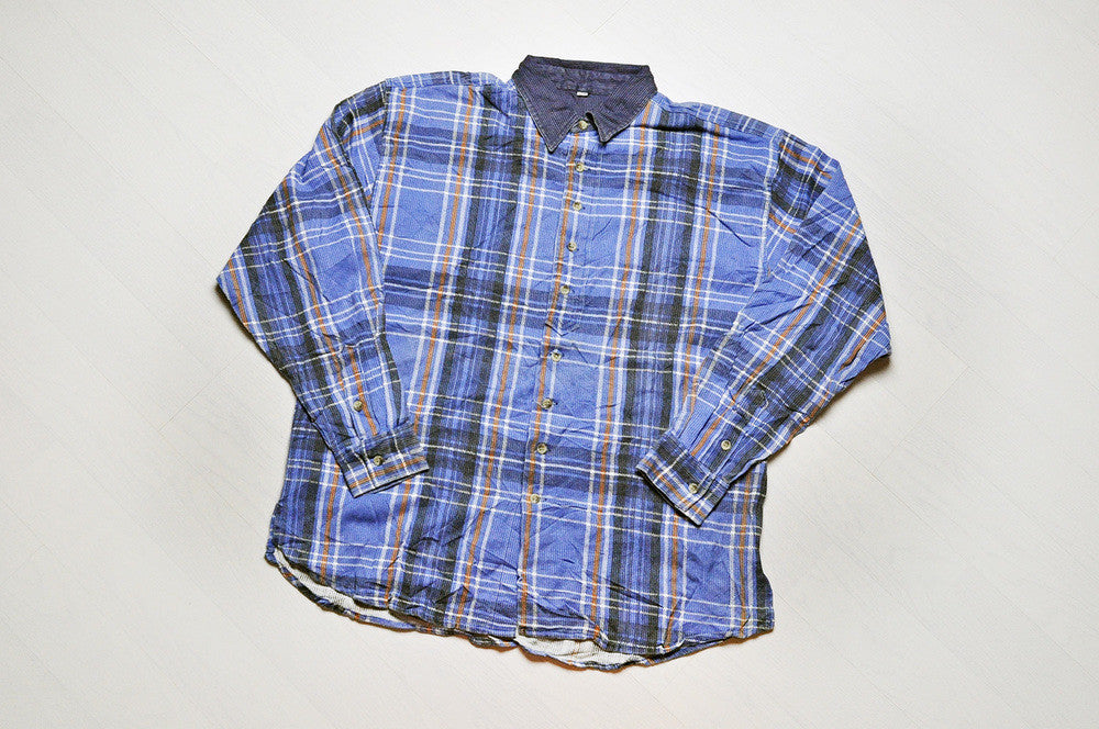 Vintage Navy Blue Checked Corduroy Plaid Long Sleeve Shirt