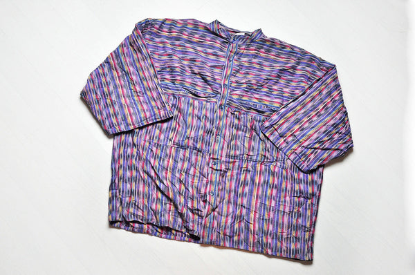 Vintage Purple Gypsy Striped Pattern 3/4 Sleeve Granddad Collar Shirt