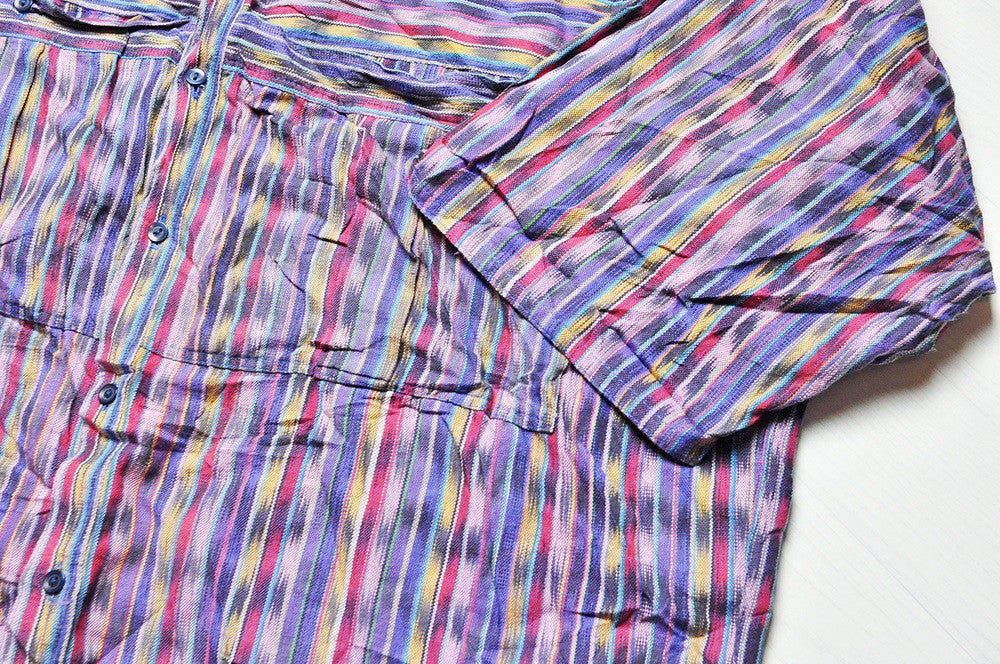 Vintage Purple Gypsy Striped Pattern 3/4 Sleeve Granddad Collar Shirt
