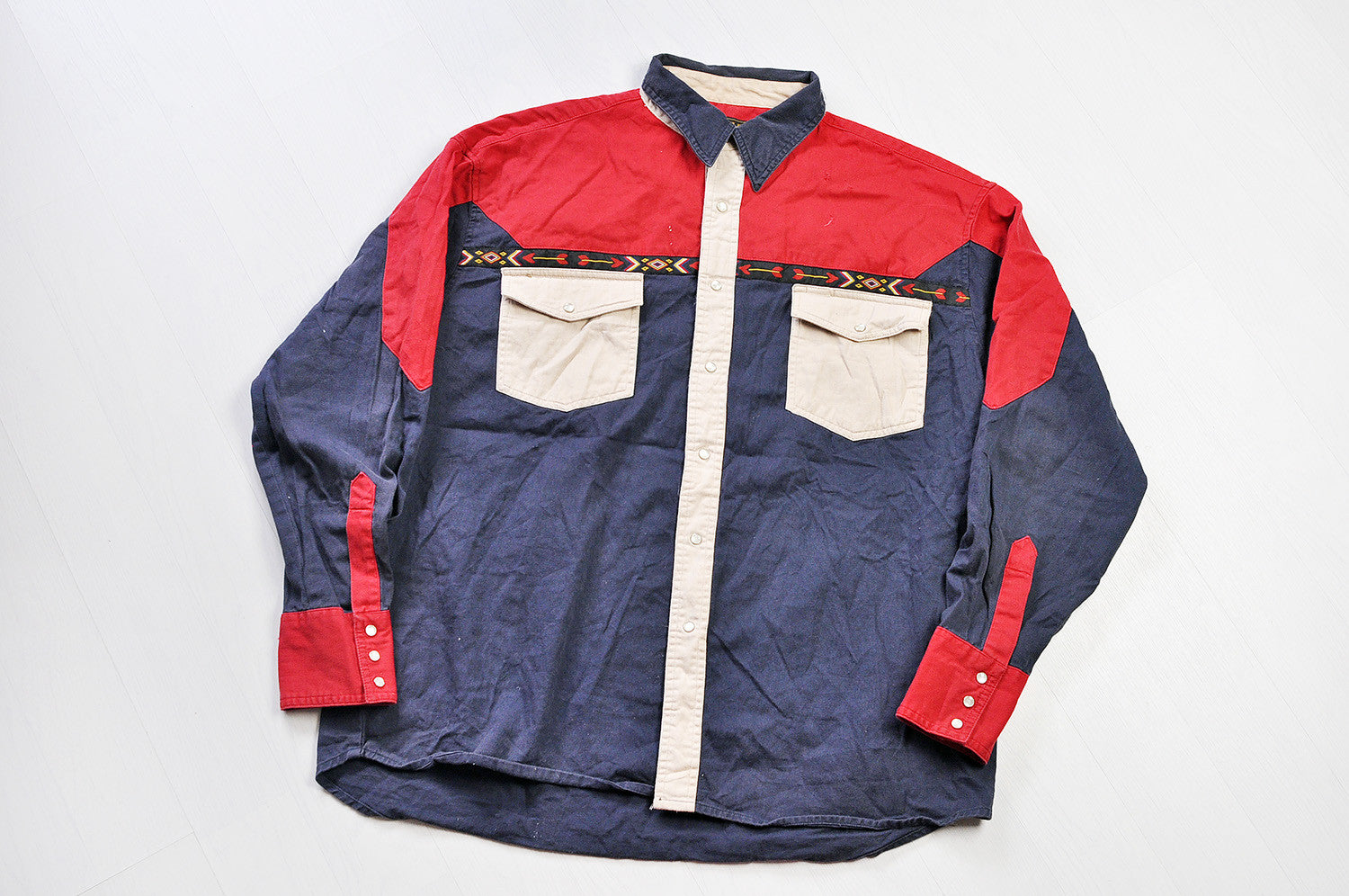 Vintage Wrangler Western Patchwork Long Sleeve Shirt - Navy/Red
