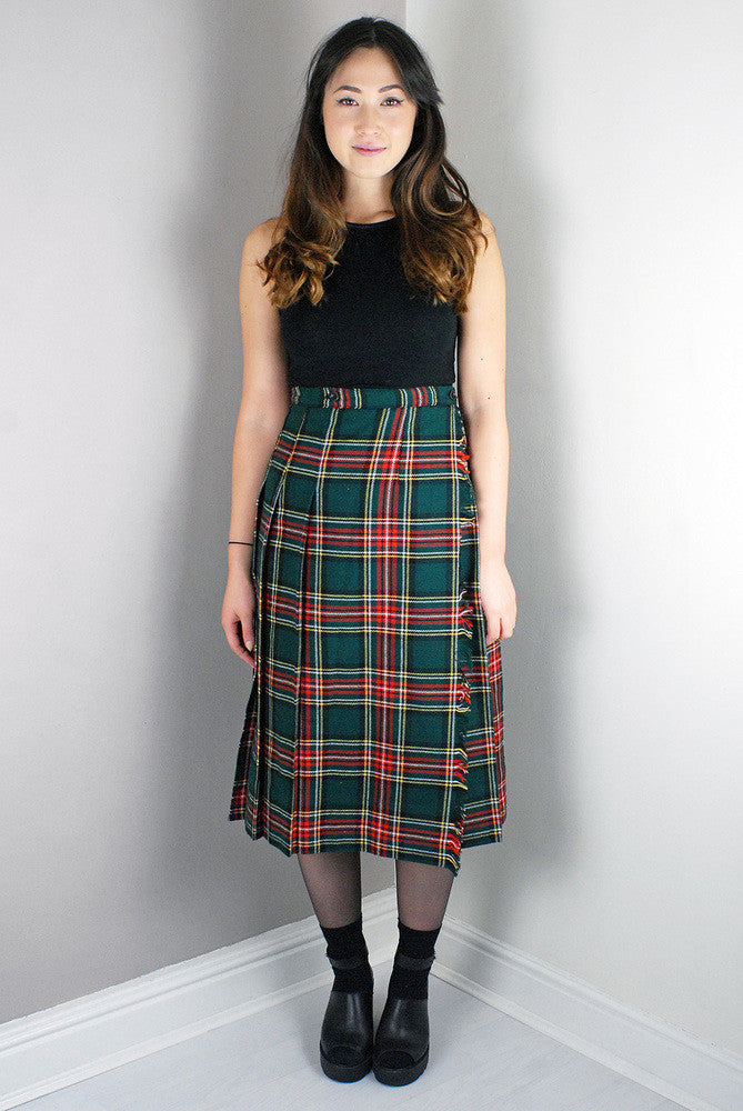 Vintage Green/Red Tartan Pattern Pleated High Waist Length Skirt/Dress Legs