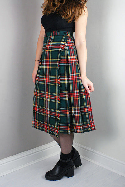 Vintage Green/Red Tartan Pattern Pleated High Waist Length Skirt/Dress Legs