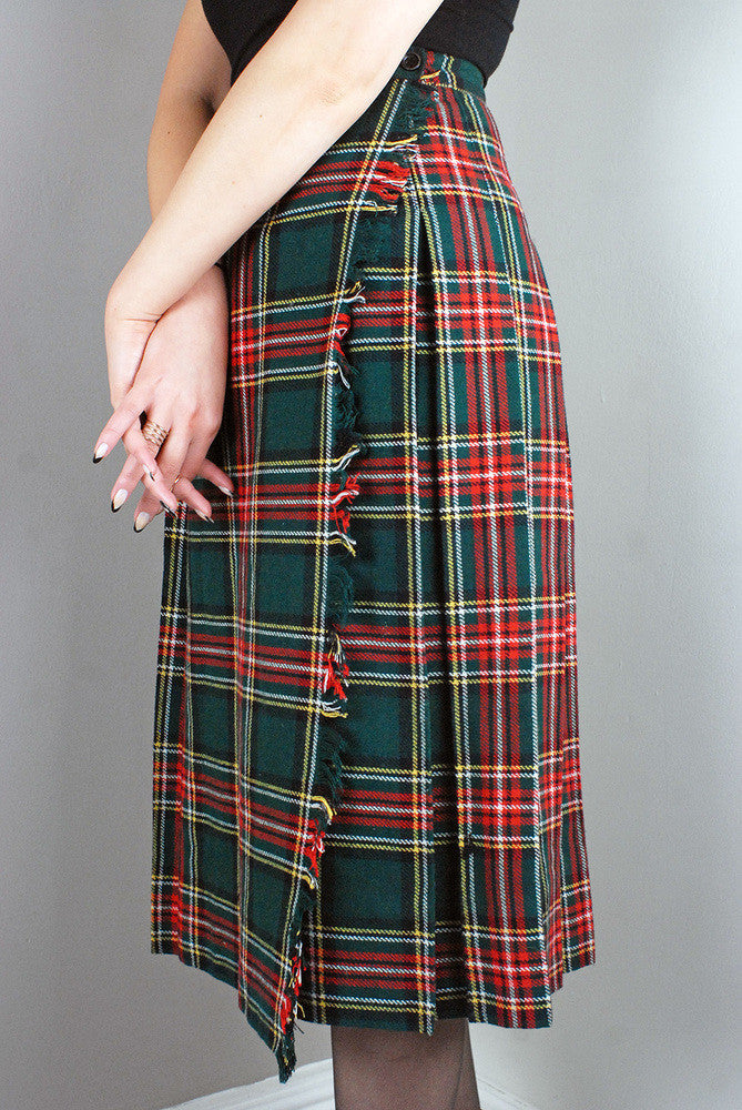 Vintage Green/Red Tartan Pattern Pleated High Waist Length Skirt/Dress Legs