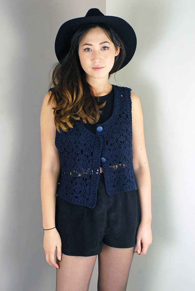 Vintage Mesh Patterned Dark Navy Sleeveless Cardigan/Top