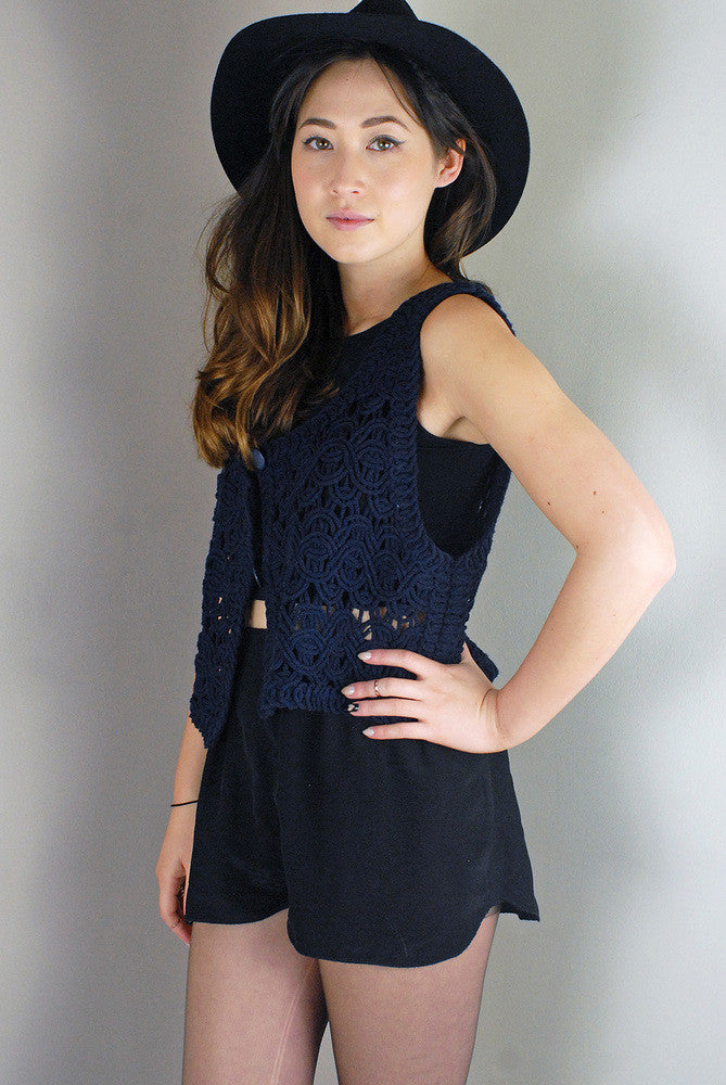 Vintage Mesh Patterned Dark Navy Sleeveless Cardigan/Top