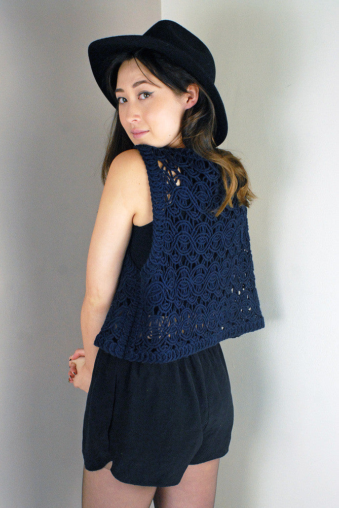 Vintage Mesh Patterned Dark Navy Sleeveless Cardigan/Top