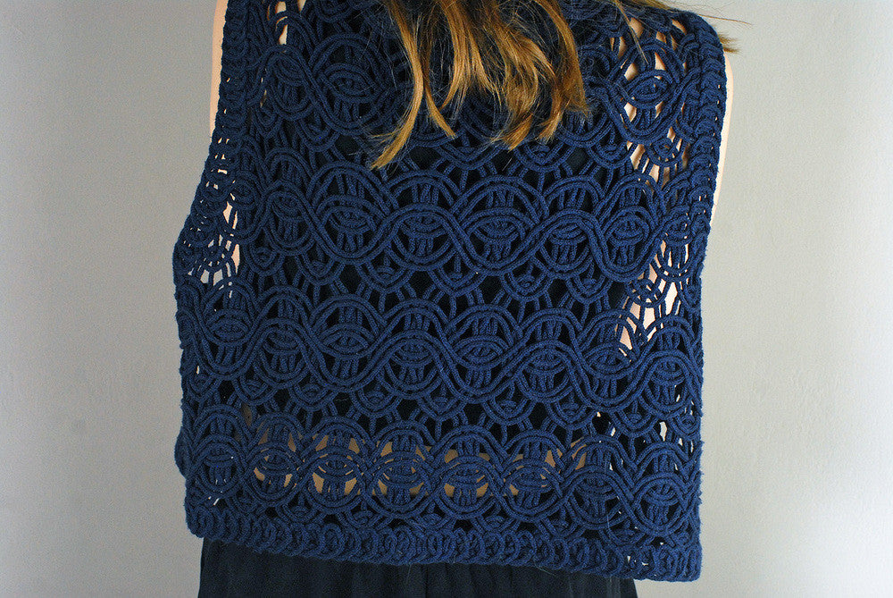 Vintage Mesh Patterned Dark Navy Sleeveless Cardigan/Top
