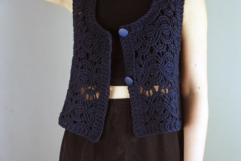Vintage Mesh Patterned Dark Navy Sleeveless Cardigan/Top