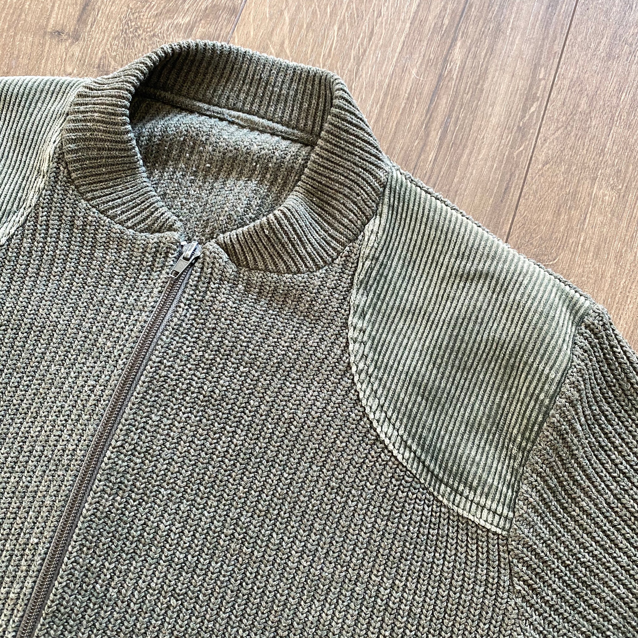 Vintage Knit/Corduroy Patch Bomber Cardigan Jumper - Khaki